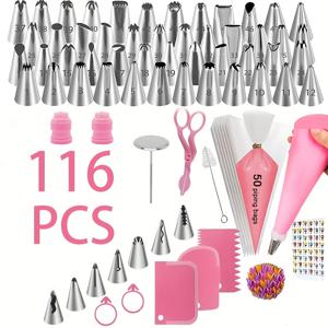 116개 케이크 데코레이팅 키트, 케이크 베이킹 용품, 데코레이팅 도구, 크림 노즐, 스테인리스 스틸 아이싱 파이핑 팁, 크리스마스, 할로윈, 추수감사절 베이킹 및 케이크 디자인을 위한 다용도 도구