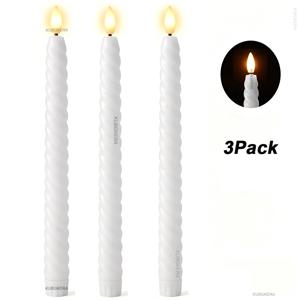 3개 리얼한 불꽃 없는 LED 테이퍼 양초, 긴 막대 포함, 3D 눈썹 불꽃 깜박임 효과가 있는 배터리 작동 양초대, 따뜻한 노란색 빛 전기 양초 스틱 (크리스마스, 할로윈, 발렌타인데이, 결혼식, 추수감사절, 새해용)