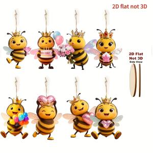 2D 평면 - 8개 재미있는 나무 벌 매달이 장식품, 2D 비행기용, 사계절 마당 및 가정 장식에 적합, 캠퍼스 및 교실 장식으로도 사용 가능, 전기 불필요 - 끈 포함