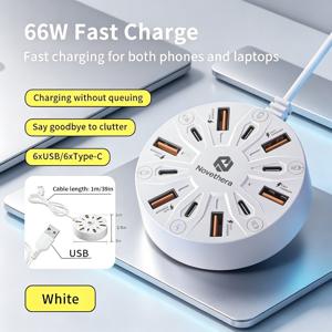 66W 멀티 포트 고속 충전 멀티탭, USB 포트 6개 + Type-C 포트 6개 멀티 충전 , 여러 기기의 동시 충전, 가정 사무실 데스크탑용 선정리함으로 전선 정리