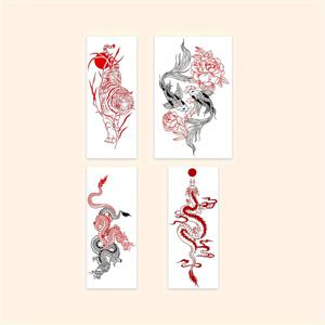 4개입 호랑이, 물고기 방수 임시 타투 (빨간 용, 태양, 구름 디자인 포함, 남녀 공용) - 2~5일 지속
