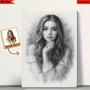 2D 플랫, 2D 플랫, 2D 플랫 페인팅, 프레임리스, 사진 기반 맞춤 펜슬 스케치 인물화, 개인 맞춤 숯화 그림 캔버스 프린트, 사진 기반 수채화 스타일 아트 벽 장식, 커플 및 가족 기념일 및 생일 선물로 적합