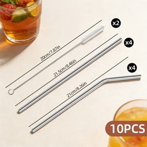 VFVHOME 10개 세트 - 빨대 8개 + 청소 브러쉬 2개 - 재사용 가능한 스테인리스 스틸 빨대 세트, 금속 빨대, 음료 커피 우유 차 빨대 세트, 직선 빨대, 구부러진 빨대, 청소 브러쉬 포함 - 식기세척기 사용 가능
