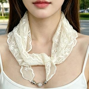 레이스 자수 삼각 스카프, 버튼 스카프 프렌치 레트로 플로럴 스몰 스카프, 얇은 헤어밴드 포니테일 넥 스카프, 느낌 넥 스카프, 풀 헤드 자수 삼각 스카프