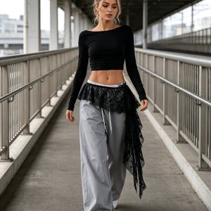 여성 코quette 레이스 트림 허리 앞치마, 비대칭 러플 밑단 시어 레이어드 하프 스커트, 조절 가능한 타이 스커트 익스텐더, Y2K 그랑지 스트리트웨어 청바지 허리 장식
