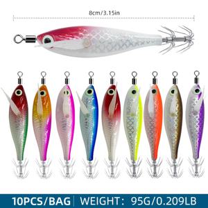 오징어 징 세트 10개 - 墨魚, 문어, 오징어 낚시용 날카로운 갈고리가 달린 여러 가지 색상의 수평형 새우 루어