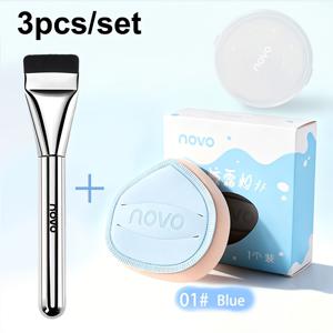 3개/세트 메이크업 도구 (평면 파운데이션 브러쉬, 습식/건식 겸용 쿠션 퍼프, 보관 상자 포함), 초박형 파운데이션 브러쉬 (팩, 크림, 리퀴드, 블러셔, 버핑용) - 재사용 및 세척 가능, 한국 메이크업 도구