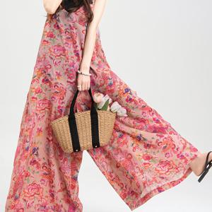 여성용 핑크 루즈핏 캐주얼 레이지 스타일 오버사이즈 캐미솔 점프수트, 여름 프린트 멜빵 와이드 레그 팬츠