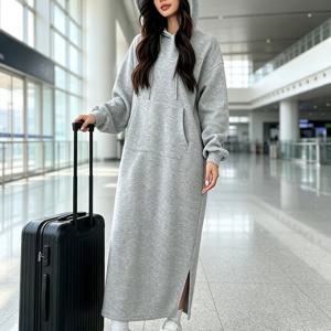 여성용 겨울 보온 안감 긴소매 후드 스웨트셔츠 원피스 드레스, 사이드 슬릿, 캥거루 포켓, 루즈핏, 캐주얼 데일리 라운지웨어