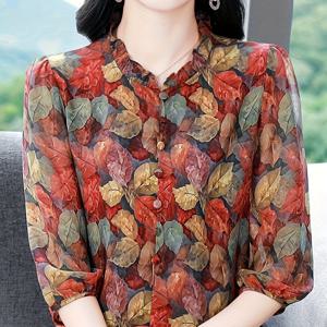 여성용 플로럴 프린트 레이스 트림 3/4 소매 블라우스 - 스탠드업 칼라 여름 셔츠, 가벼운 기계 세탁 가능 캐주얼 & 휴가복, 레이스 블라우스, 스타일리시 의상, 비투명 원단, 통기성 좋은 소재, 따뜻한 날씨용 옷