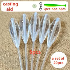 20피스 낚시 도구 세트, 5개의 낚시 루어 보조기(봄바르다), 5개의 인공 미끼, 5개의 피겨-8 링, 5개의 발광 구슬 포함. 슬로우 싱킹 플로트(투명)와 플로팅 플로트(흰색 및 노란색 선택 가능) 루어 낚시용 캐스팅 플로트