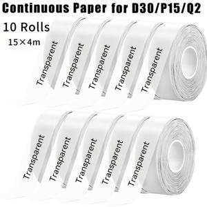 10개입 투명 연속 감열 라벨지 롤, 15mm x 4m, 자가 접착, L1/Q2/D30/P15 라벨 프린터 호환, 선물/문서 마킹