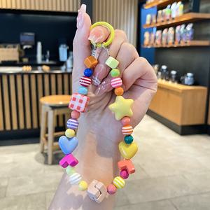 크로스보더 컬러풀 비즈 별과 하트 폰 체인, 가방 및 열쇠를 위한 귀여운 액세서리, 손실 방지 스트랩으로 편리함, 선물로 완벽