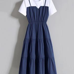 여성용 춘하추계 라운드 캐주얼 dress 신상 기질 우아한 패션 루즈핏 날씬해 보이는 여성 레이어드 무릎까지 오는 아웃도어 나들이 캐주얼 반팔 미디 원피스 슬림소녀