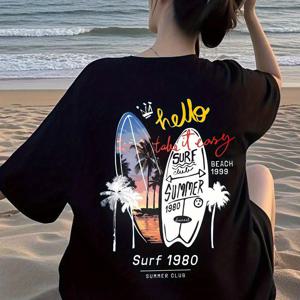 여성용 반소매 티셔츠 - 루즈핏 서프 비치 패턴 프린트 'Hello ' & 'Surf Beach Summer 50.29m 디자인, 블랙 캐주얼 여름 상의, 가볍고 통기성 좋음, 세탁기 사용 가능, 해변 여행 및 일상복에 적합, 편안한 원단