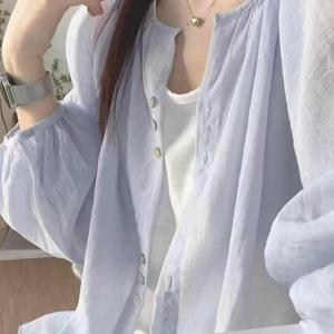 인스타 스타일 연한 파란색 슬림 셔츠 여성용, 레이어드 착용 가능 루즈핏 활용도 높은 자외선 차단 셔츠 겉옷 가디건
