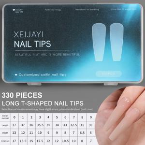 박스 포장 XEIJAYI 330개입 롱 T자형 네일 팁 --- 소프트 젤 인조 네일 스티커, 곡선형 핏의 롱 T자형 네일 팁, 유연하고 내구성 좋음, 빠른 네일 연장을 위한 양면 프로스트 디자인, 여성용 DIY 네일 아트 도구