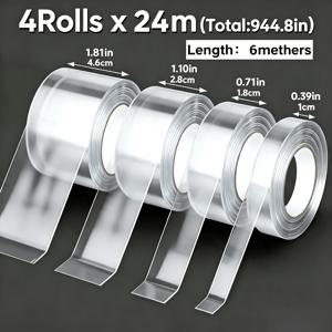 강력한 나노 양면 테이프 4롤, 높은 접착력, 총 길이 40미터 - 카펫, 태피스트리, 벽지, 풍선 등에 적합, 일상 사무실 수리용품 양면 테이프, 1cm, 2cm, 3cm, 5cm 사이즈, 주택 리노베이션용, 다기능 고정, 다용도 테이프, 재사용 가능, 다양한 상황을 위한 다중 사양