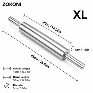 ZOKONI 스테인리스 스틸 밀대 1개, 43cm/16.92인치 금속 반죽 롤러, 파이 크러스트, 피자 반죽, 파스타, 빵, 쿠키, 페이스트리 준비, 만두 피ς, 가정용 베이킹 및 주방용 매끄러운 통형 롤러