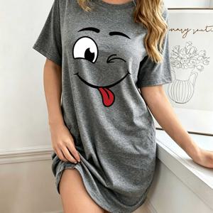 여름 여성용 해피 스마일 얼굴 만화 패턴 라운드 넥 반팔 미디 슬립 원피스, 아우터웨어 또는 라운지웨어로 착용 가능