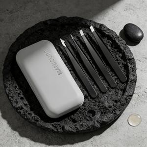 남녀공용 눈썹 트위저 4종 세트, 거울 보관 케이스 포함, 눈썹, 턱, 볼 털 제거용