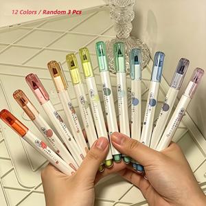마카롱 색상 형광펜 3종 3개입 & 리필 가능한 양면 펜촉 펜 - 누수 방지, 학교, 사무실, 미술, 색칠, 그림, 필기에 적합 - 노트북, 다이어리, 제도용 선물용 랜덤 색상 리필 마커펜