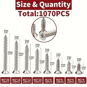 1070개 M2 셀프 태핑 나사 및 잠금 너트 모음 키트, 미니 나사산 못 나사 패스너 세트, 전자 제품 수리, 정밀 조립, 및 소형 부품 고정용 내구성 하드웨어