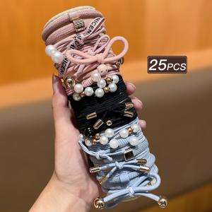 20/25개 진주 메탈 장식 머리끈 세트, 혼합 색상 고탄력 헤어 밴드, 여성용 우아한 헤어 장식, 머리끈, 머리띠, 헤어 장식, 필수품, 헤어 장식품