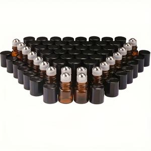 100세트 1ml (1/4드람) 미니 앰버 유리 병, 메탈 롤러 볼 포함, 에센셜 오일, 향수 및 액체용 빈 샘플 바이알 (개방기 1개, 스포이드 2개, 깔때기 2개 포함)