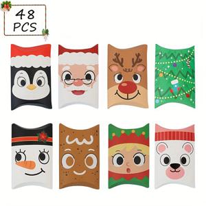 48개 크리스마스 캐릭터 베개 선물 상자, 말총, 산타, 펭귄, 눈사람, 곰, 엘프 & 크리스마스 트리 패턴이 있는 다양한 크리스마스 종이 선물 상자, 크리스마스 축하 행사를 위한 파티 장식 포장 상자