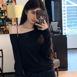 여성 솔리드 컬러 루즈 오프숄더 스트레이트넥 긴팔 티셔츠 여성 베이스 레이어 탑