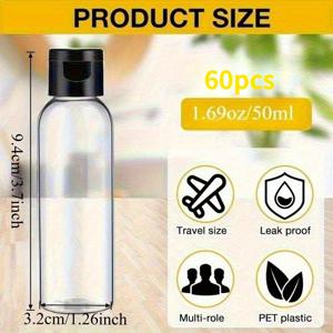 60개입 플립탑 병 - 50ml / 1.69oz 여행용 누수 방지 용기, 누름식 캡, 화장품, 제품, 에센셜 오일, 코스메틱에 적합 - 가정, 여행, 살롱, 스파에 이상적, 세척 용이, 컴팩트 패키징, 듀