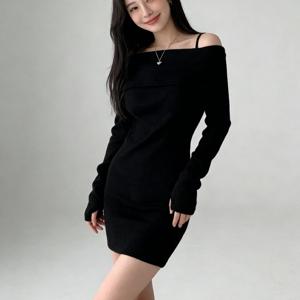 여성 춘추동계절 원피스 긴팔 홀터넥 오프숄더 미니스커트 솔리드 심플 슬림핏 슬림소녀