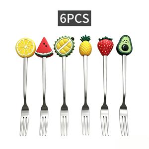 창의적인 과일 패턴의 스테인리스 스틸 과일 포크 6개, 케이크, 과일, 칵테일, 밀크티용 귀여운 만화 디저트 포크 및 젓가락 스틱