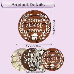 4개 세트 스위트 홈(Sweet Home) 인용구 패턴 나무 단열 패드 - 내열성, 미끄럼 방지, 화상 방지 트리벳으로 주방, 식탁, 조리대, 뜨거운 음식 등에 적합하며 가정, 사무실에 완벽하게 어울립니다. 친구, 가족, 베프에게 선물하기 좋은 휴일 선물로도 이상적입니다