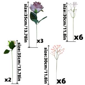 정교한 인조 꽃다발 17개 = 핑크 장미 3개 + 화이트 장미 2개 + 핑크 아기 숨결 6개 + 화이트 아기 숨결 6개 - 발렌타인데이, 신부 부케, DIY 꽃꽂이, 이벤트 플래너, 파티 센터피스, 플로럴 아트 장식에 완벽 - 생생한 플라스틱 꽃, 사실적인 인조 꽃다발 - 관리가 필요 없음 - 내후성 소재 - 꽃병 미포함