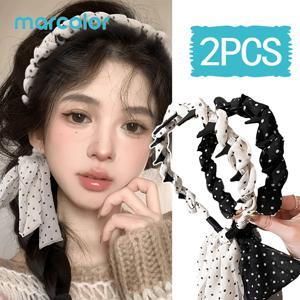 Marcolor 롱테일 폴카 도트 리본 헤어밴드 2개 세트, 여성 데일리웨어 및 헤어스타일링용. 달콤하고 우아하며, 땋기, 세안, 데이트, 여행, 코디, 사진 촬영에 사용 가능. 봄 여름 액세서리, 어머니의 날 선물로도 좋음. 헤어밴드, 헤어 타이, 헤어 액세서리, 헤어 밴드, 지그재그 헤어밴드, 머리 장식.