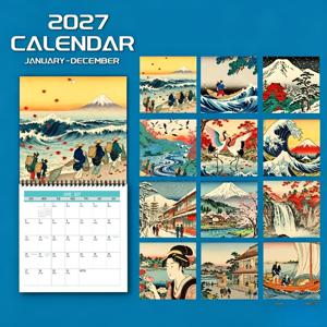 2027년 일본 우키요에 스타일 장면 벽걸이 캘린더, 2027년 계획 벽걸이 캘린더, 가족 또는 사무실을 위한 크리스마스 및 새해 선물로 매우 적합