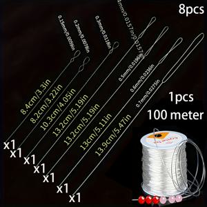 8개/세트 초미세 비드 바늘 및 100미터 직경 0.5mm 유연한 나일론 비드 스트링 1롤, 주얼리 제작, 팔찌 및 목걸이 제작에 적합 - 내구성 있는 공예 재료, 팔찌 제작 실, 목걸이 뜨개질, 매끄러운 표면