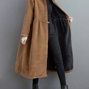 일본 스타일 코듀로이 두꺼운 기모 안감 겨울 코트, 허리 집어넣는, 루즈핏, 캐주얼, 롱 코트
