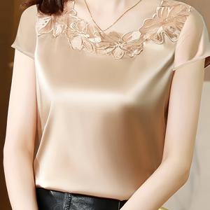 라이트 럭셔리 시크 광택 아세테이트 레이스 패치워크 넥라인 반팔 플로럴 칼라 블라우스 여성 여름 로맨틱 스위트 탑