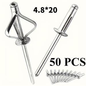 순수 블라인드 리벳 50개입, 3발 리벳, 3단 폭발 팝 리벳 (4 X 14/16/20mm 및 4.8 X 14/16/20mm 사이즈), 자동차, 요트 및 가구용으로 사용되는 긴 핸들 솔리드 리벳. 오픈컷