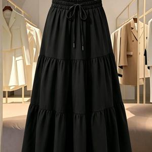 봄/여름 단색 드로스트링 트림 케이크 스커트 맥시 원피스, 휴가, 캐주얼, 통근용