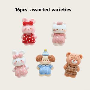 16개 랜덤 혼합 리본, 토끼, 곰, 강아지, 아기 고양이 동물 관통형 레진 구슬, DIY 공예 용품, 공예 재료, 의류 장식, 액세서리, 목걸이, 팔찌, 귀걸이 등을 위한 수제 구슬 부품, 구슬 모음