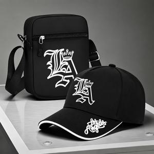 남녀공용 LA 크라운 레터 프린트 야구 모자 & 크로스바디 백 2개 세트 - 야외 스포츠에 적합한 조절식 Y2K 스트리트웨어, LA 크라운이 있는 남녀공용 곡선형 챙 모자, LA 테마의 캐주얼웨어 및 스포츠 이벤트용, 크리스마스 선물