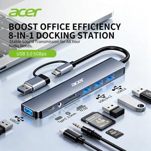 Acer 8-In-2 멀티 기능 허브, USB 및 TYPE-C 포트, USB 3.0 및 USB-C, SD/TF 및 3.5mm 오디오 지원. 스마트폰, 태블릿, 노트북에 적합한 무지기 멀티 포트 협력 지원 다용도 도킹