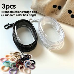 3개 세트: 랜덤 색상 수납 파우치 1개 + 랜덤 색상 헤어 타이 2개. 고리형 미니 투명 지퍼 파우치, 휴대용 동전 지갑, 이어폰, 케이블, 화장품, 소품용 여행 정리 가방