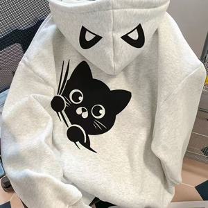 미국 스타일 레트로 뉴 만화 귀여운 고양이 발바닥 프린트 고양이 귀 프린트 긴소매 후드 플리스 스웨트셔츠 여성 남성 가을 겨울 하이 스트리트 트렌디 브랜드 루즈 커플 후드티 탑