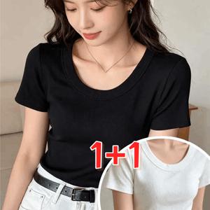 1+1 여성 여름 슬림핏 무지 스판 기본 라운드 반팔 티셔츠 캐주얼 통근 상의 슬림소녀
