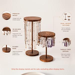 2개 레트로 디스트레스드 나무 주얼리 랙 (18개 금속 후크 포함), 수직 원형 목걸이 보관 랙, 하이 + 로우 팔찌 귀걸이 펜던트 엉킴 방지 걸이 랙, 화장대 액세서리 정리 스탠드, 주얼리 상점 라이브 방송 디스플레이 스탠드
